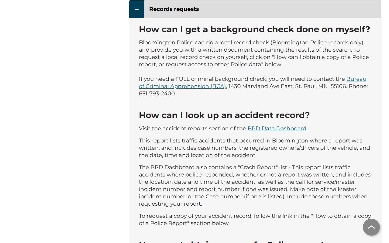 Bloomington Police Department police records requests page for background check information
