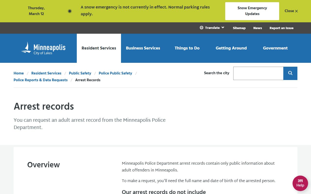 Minneapolis Police Department arrest records public data page