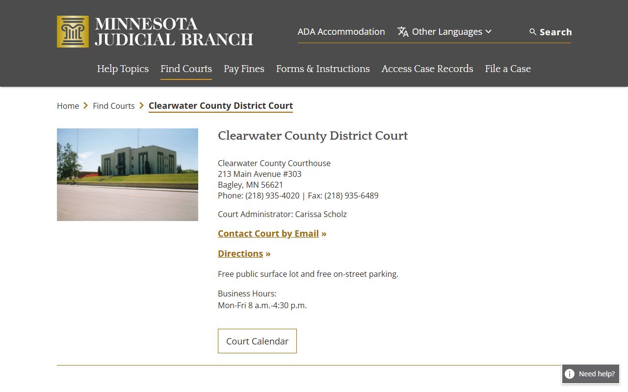 Clearwater County background check - district court information page