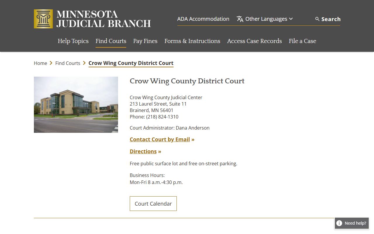 Crow Wing County background check - district court information page for Brainerd