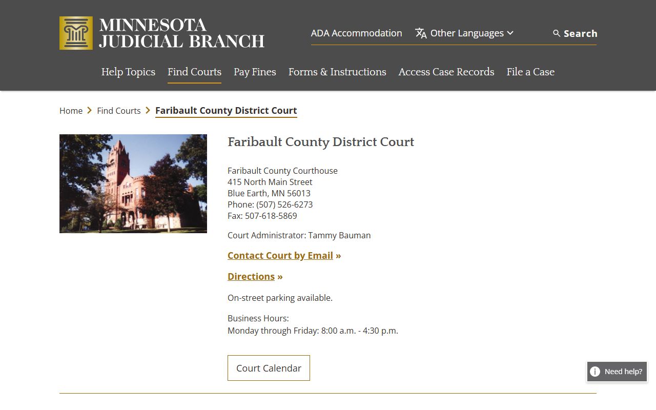 Faribault County background check - district court contact information for Blue Earth