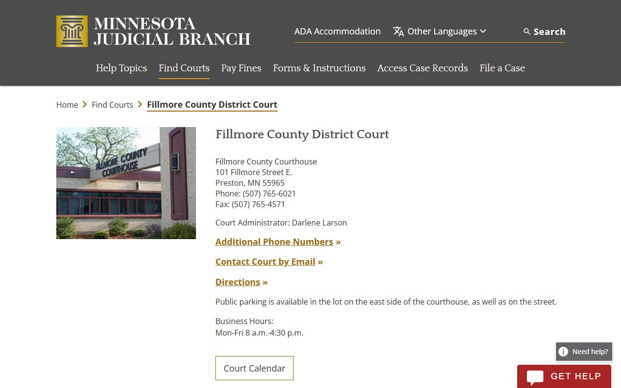 Fillmore County background check - district court contact information for Preston