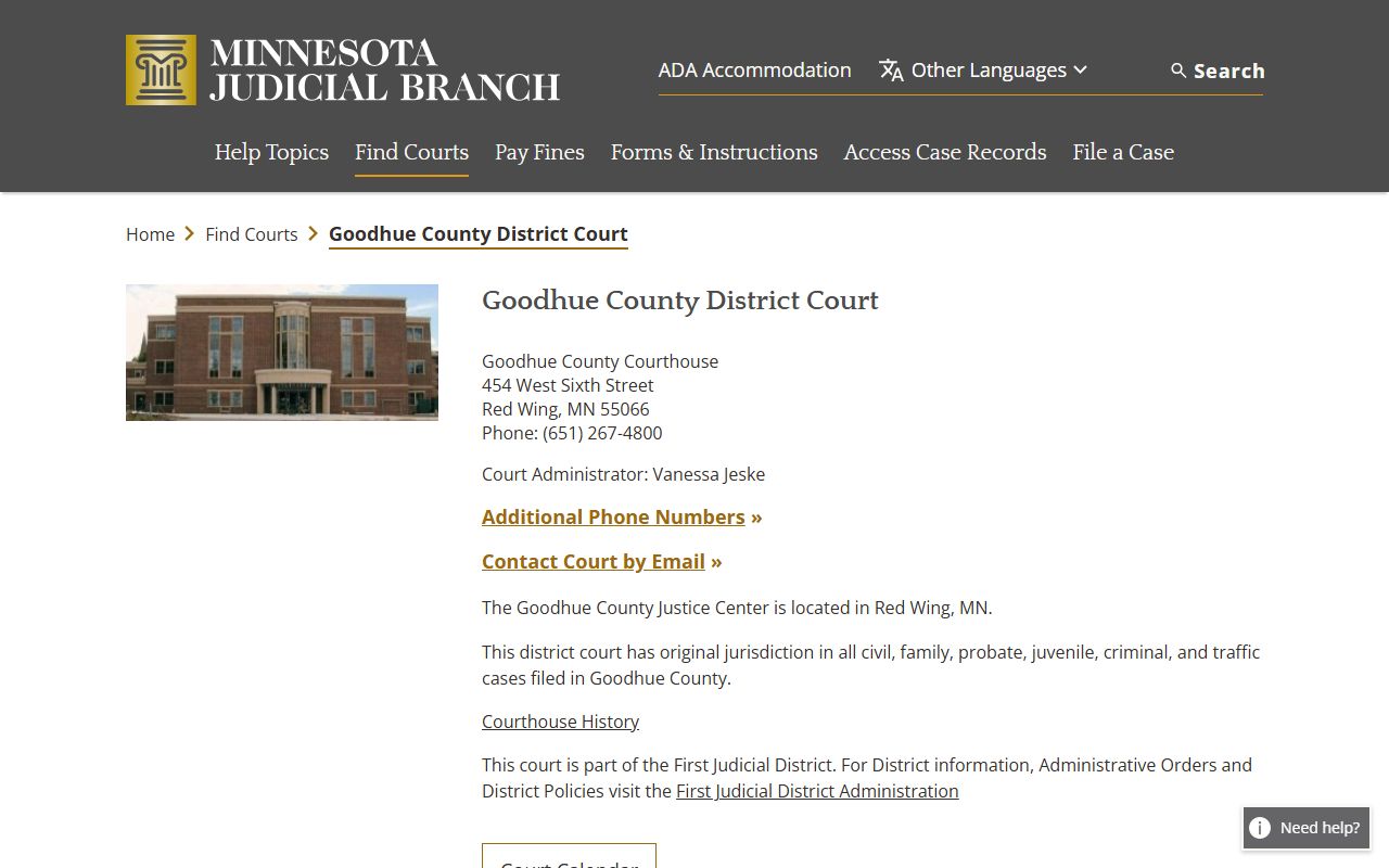 Goodhue County background check - district court contact and case search information for Red Wing