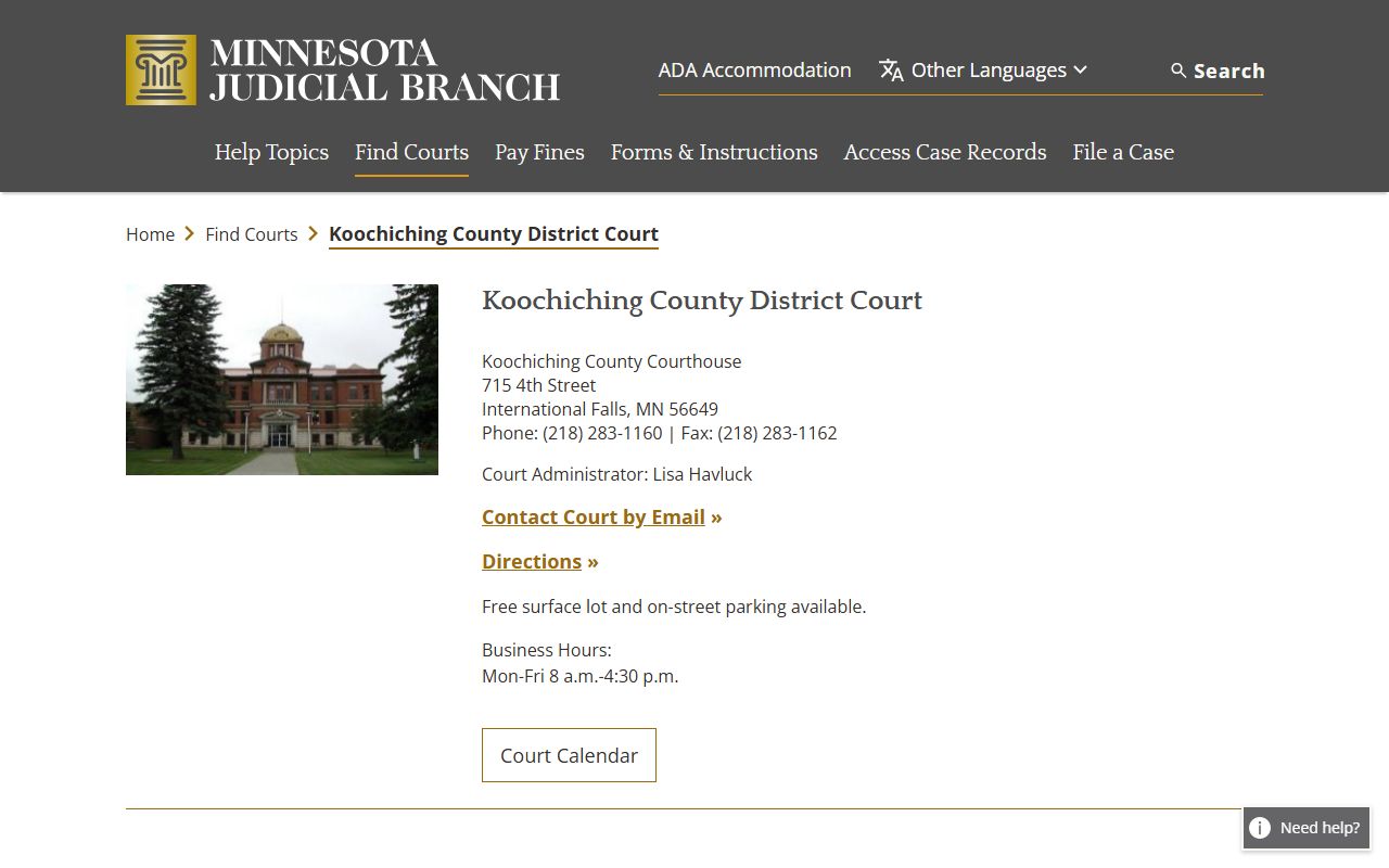 Koochiching County background check - district court page
