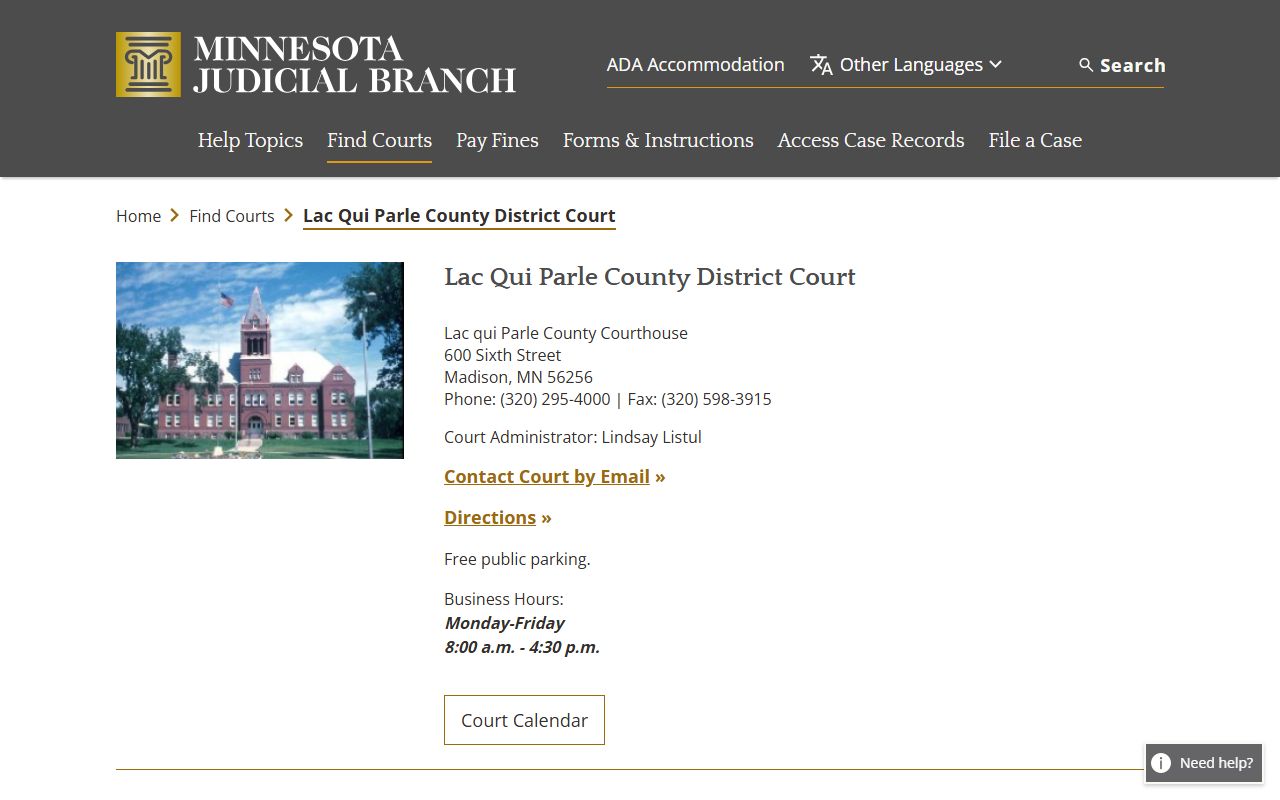 Lac Qui Parle County background check - district court page