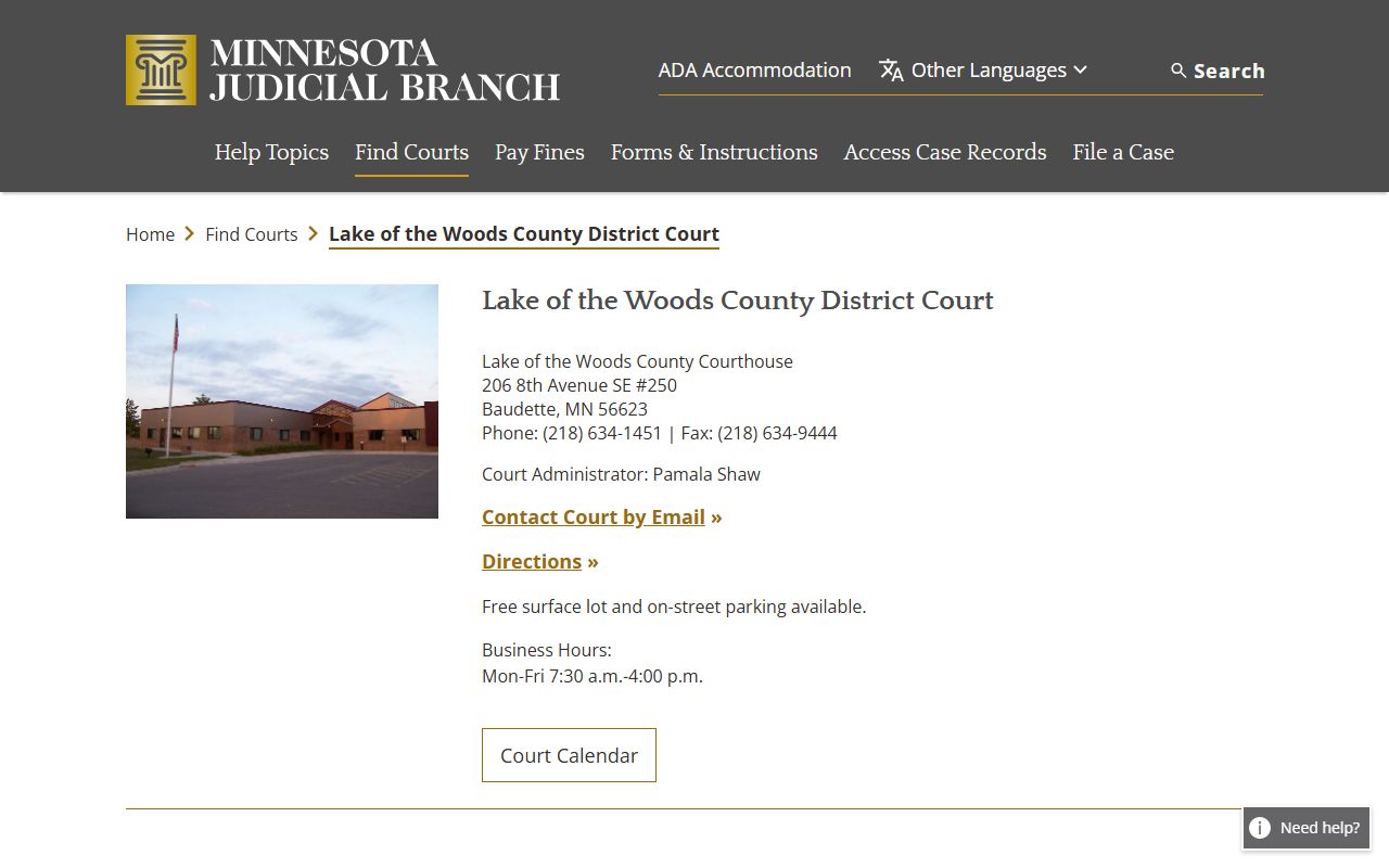 Lake of the Woods County background check - district court page