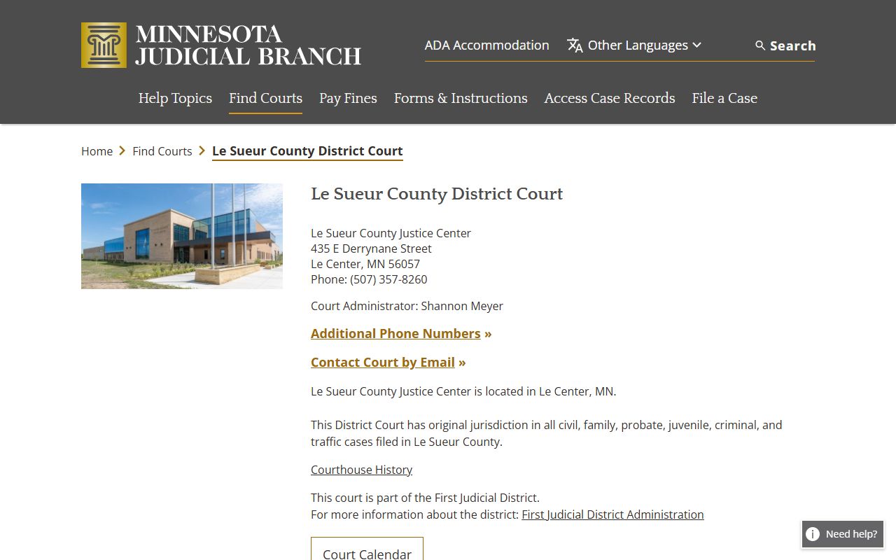 Le Sueur County background check - district court information page
