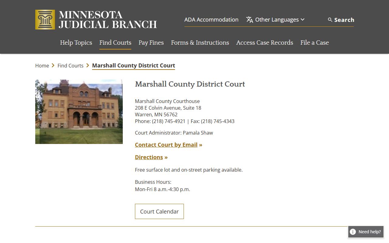 Marshall County background check - district court information page