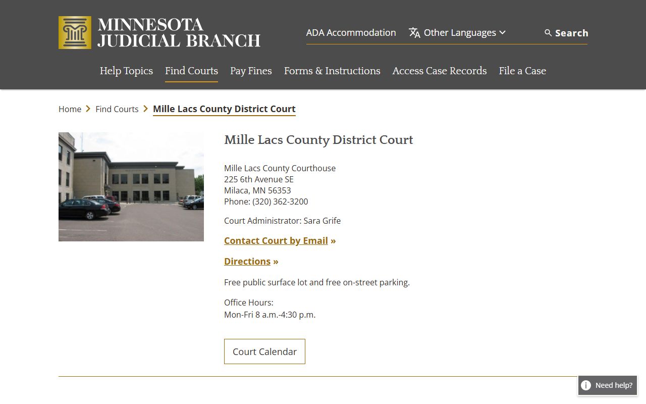 Mille Lacs County background check - district court information page
