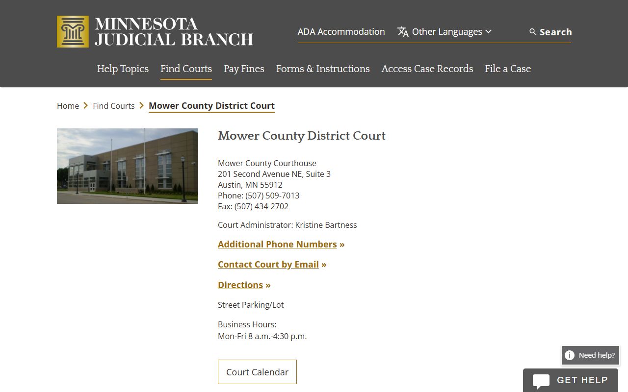 Mower County background check - district court information page