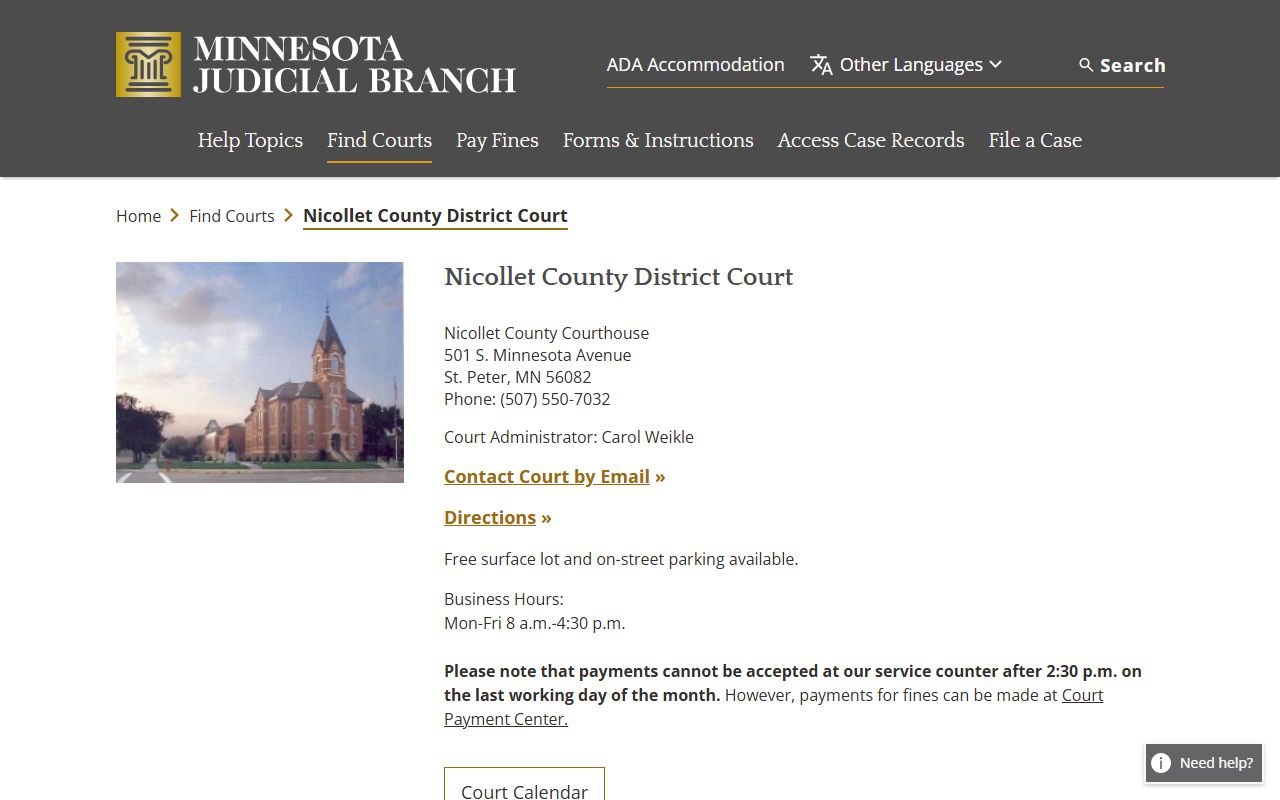 Nicollet County background check - district court information page