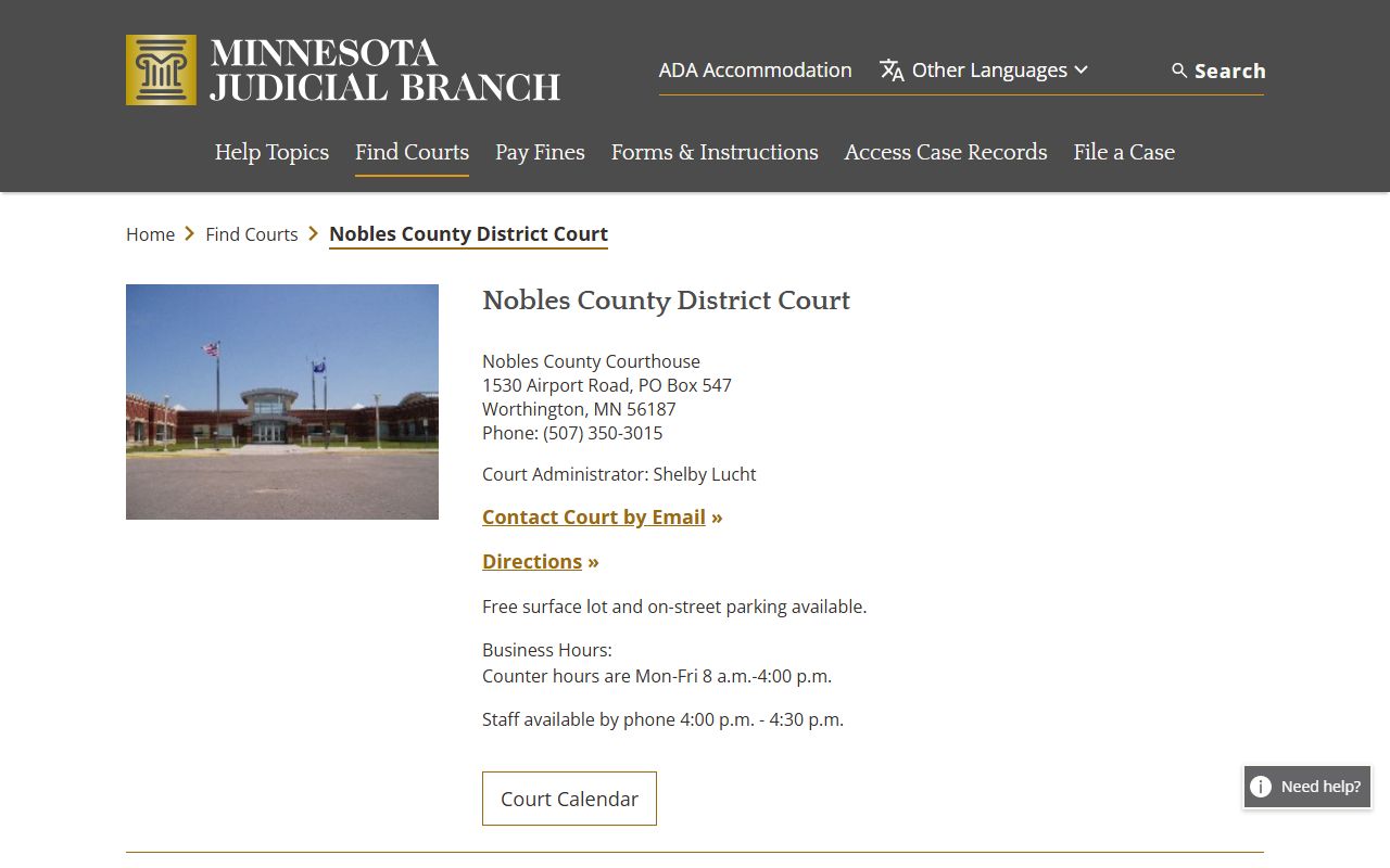 Nobles County background check - district court information page