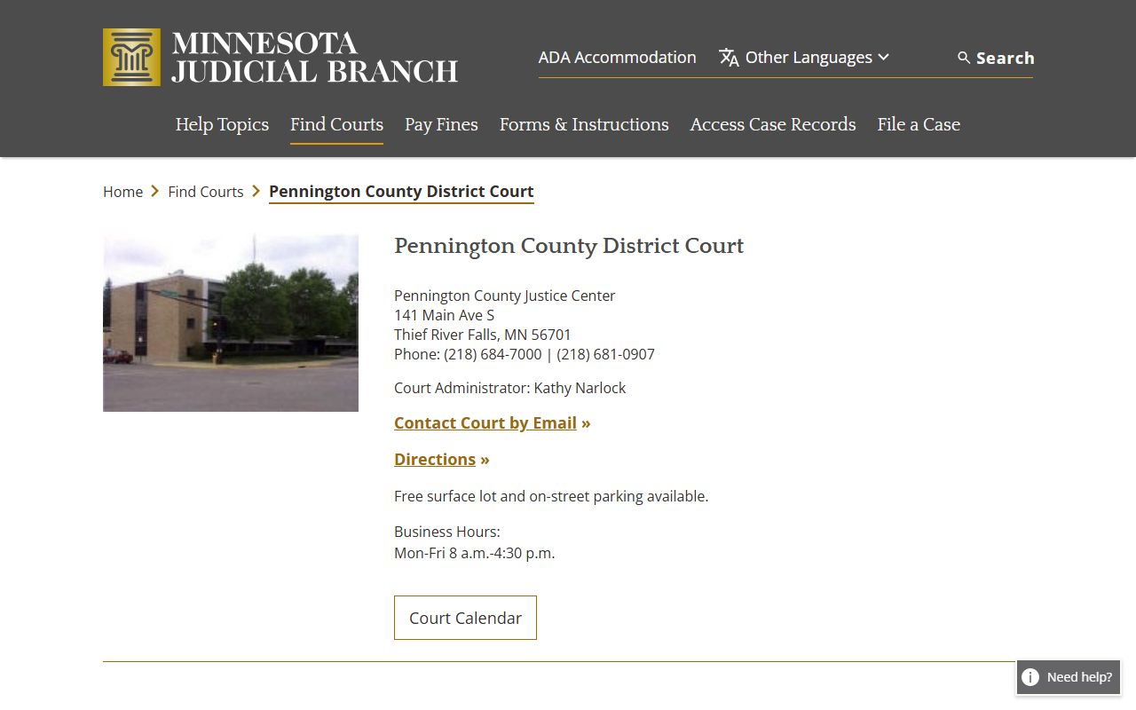 Pennington County background check - district court page on Minnesota Judicial Branch website