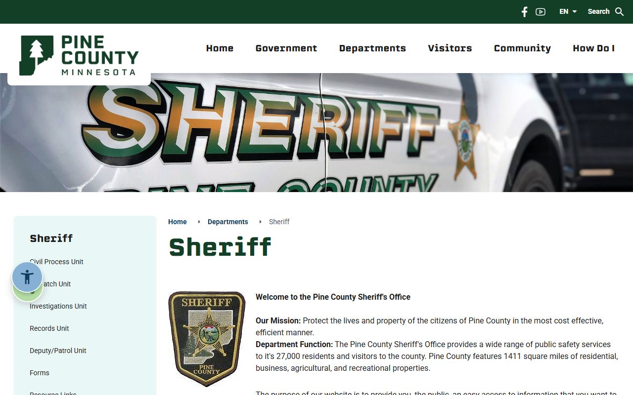 Pine County background check - sheriff's office website showing department contact information