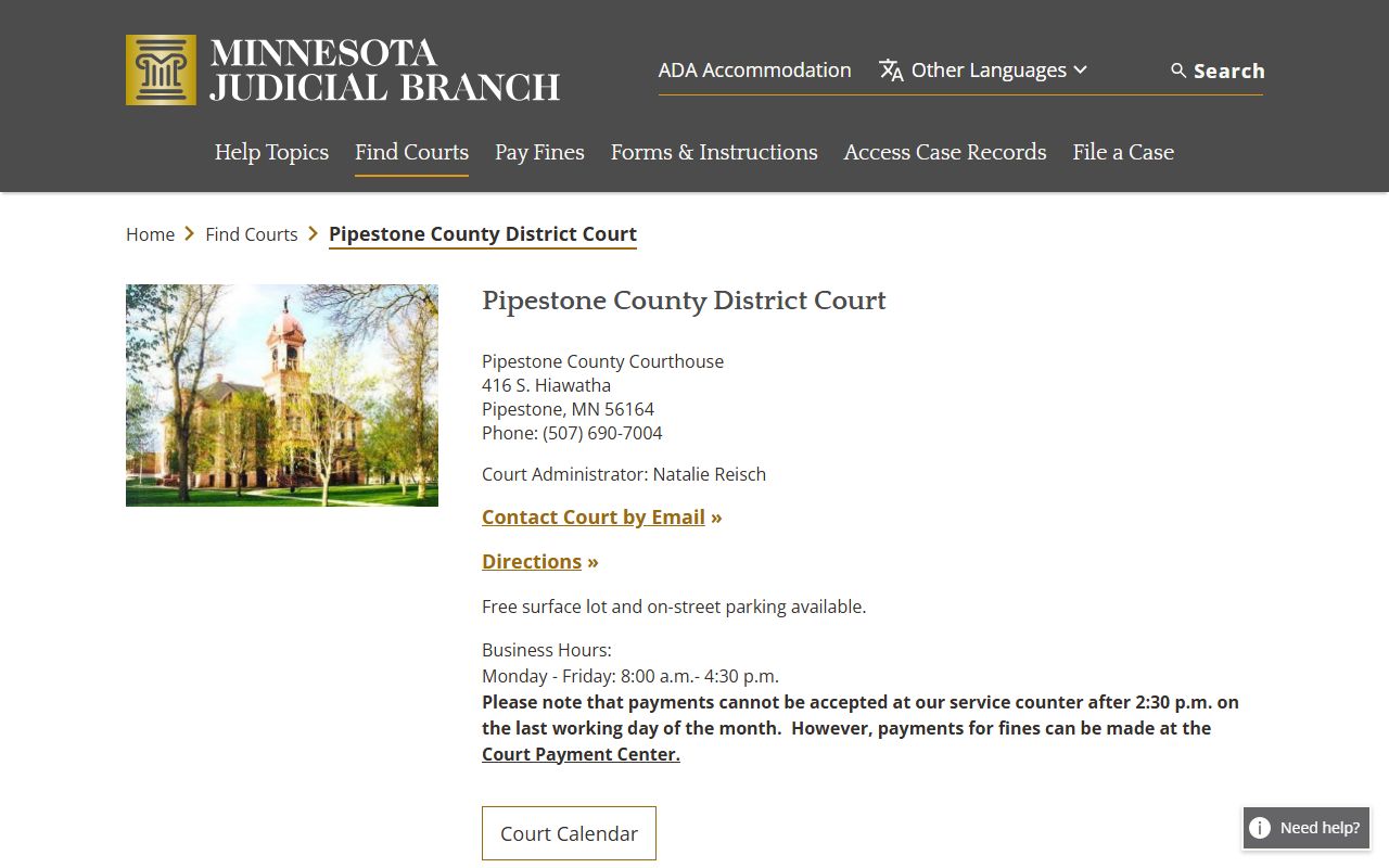 Pipestone County background check - district court listing on Minnesota Judicial Branch website