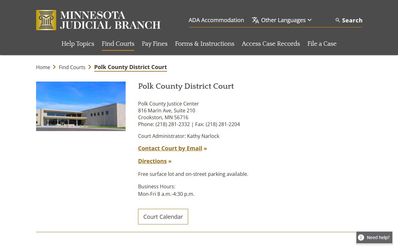 Polk County background check - district court listing on Minnesota Judicial Branch website