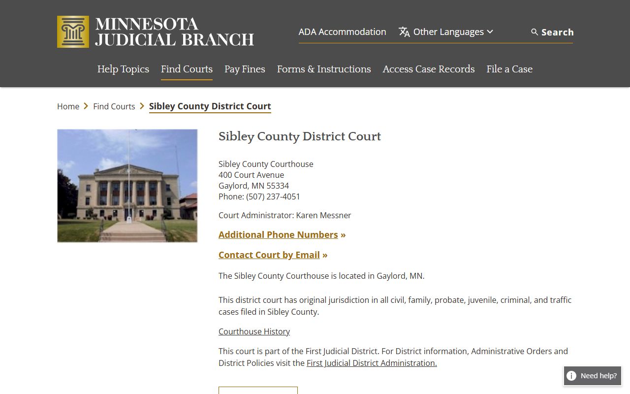 Sibley County District Court records page for background checks