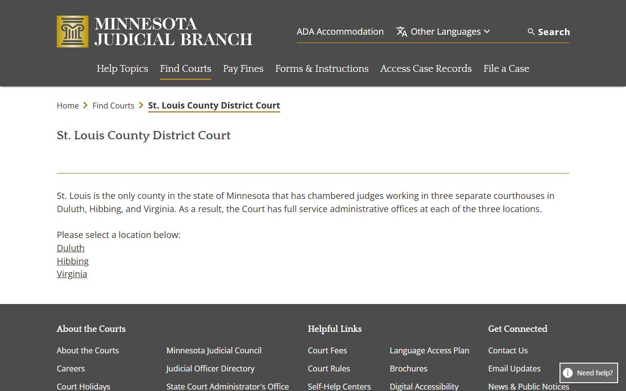 St. Louis County District Court page for background check court records in Duluth