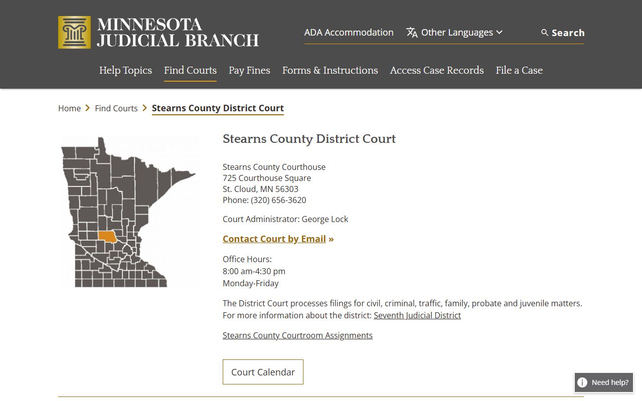 Stearns County District Court directory page for background check court records