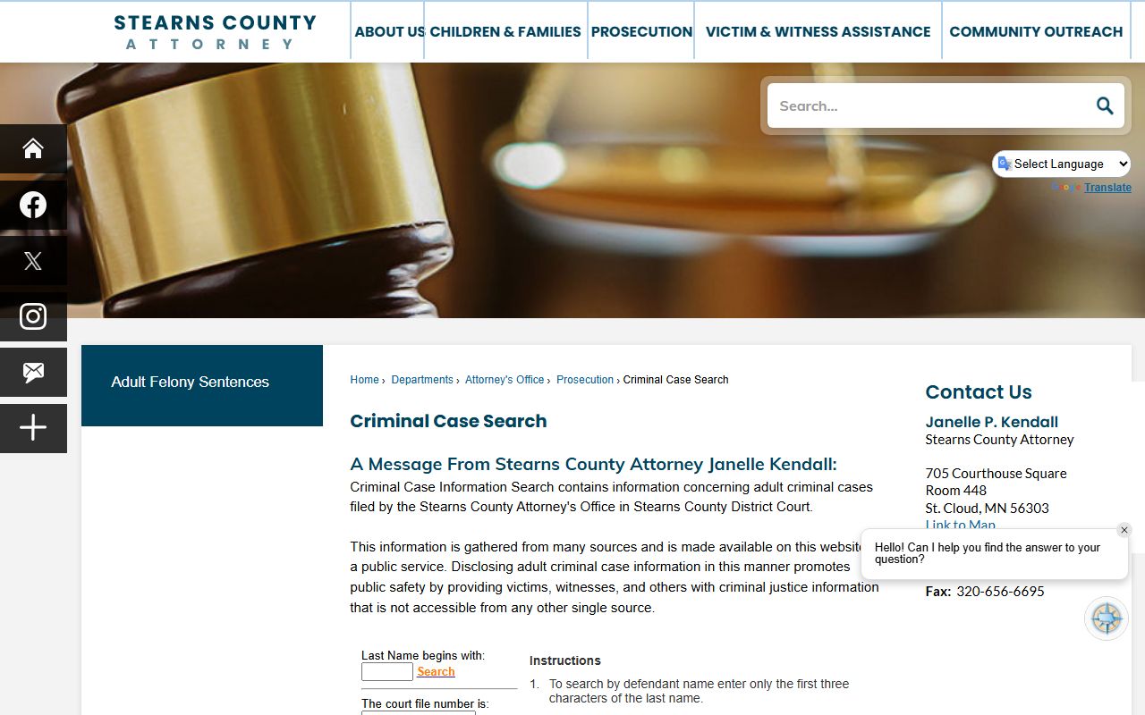 Stearns County Sheriff criminal case search tool for background check research