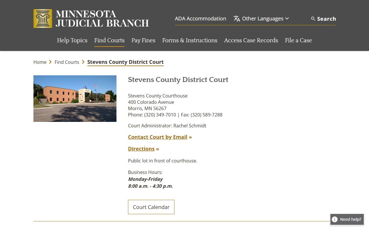 Stevens County District Court directory page for background check court records in Morris MN