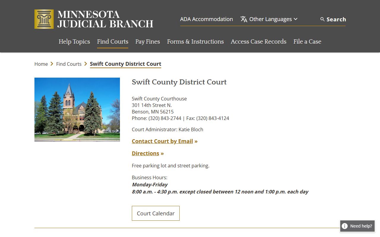 Swift County District Court directory for background check court record research in Benson