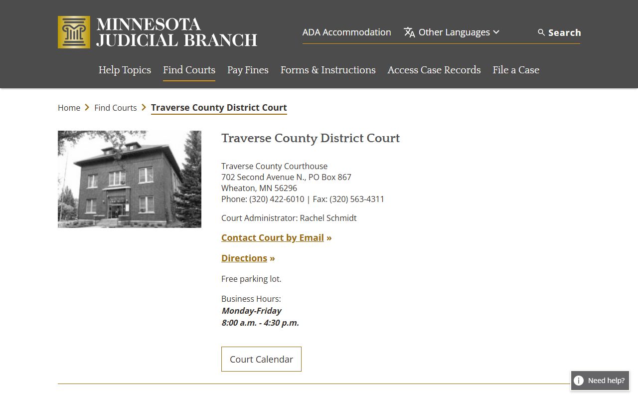Traverse County District Court directory page for background check court records in Wheaton