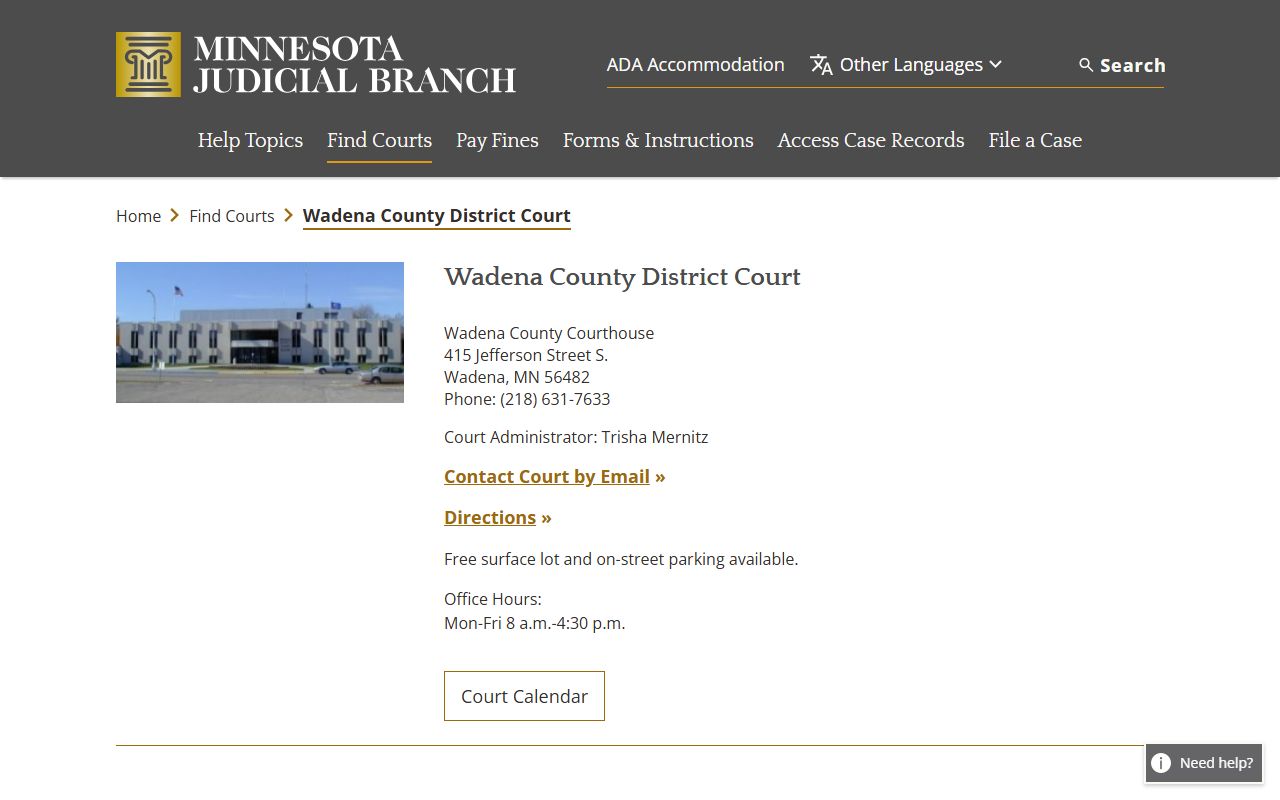 Wadena County District Court page for background check court record research
