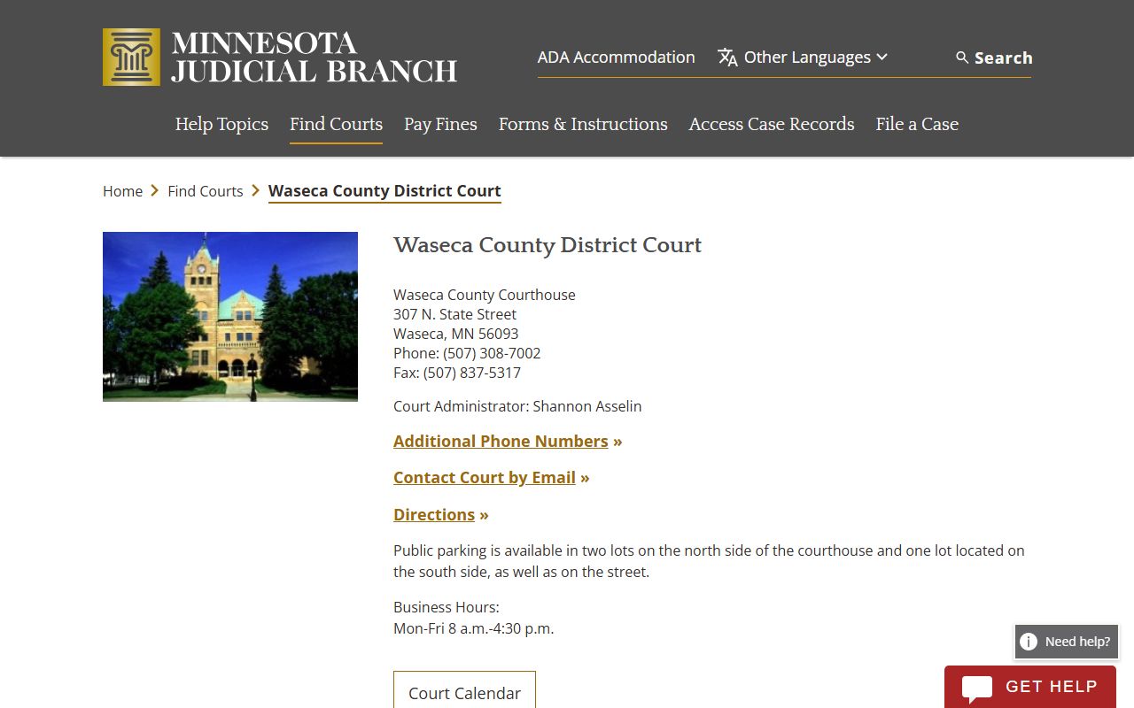 Waseca County District Court directory page for background check court records in Waseca MN