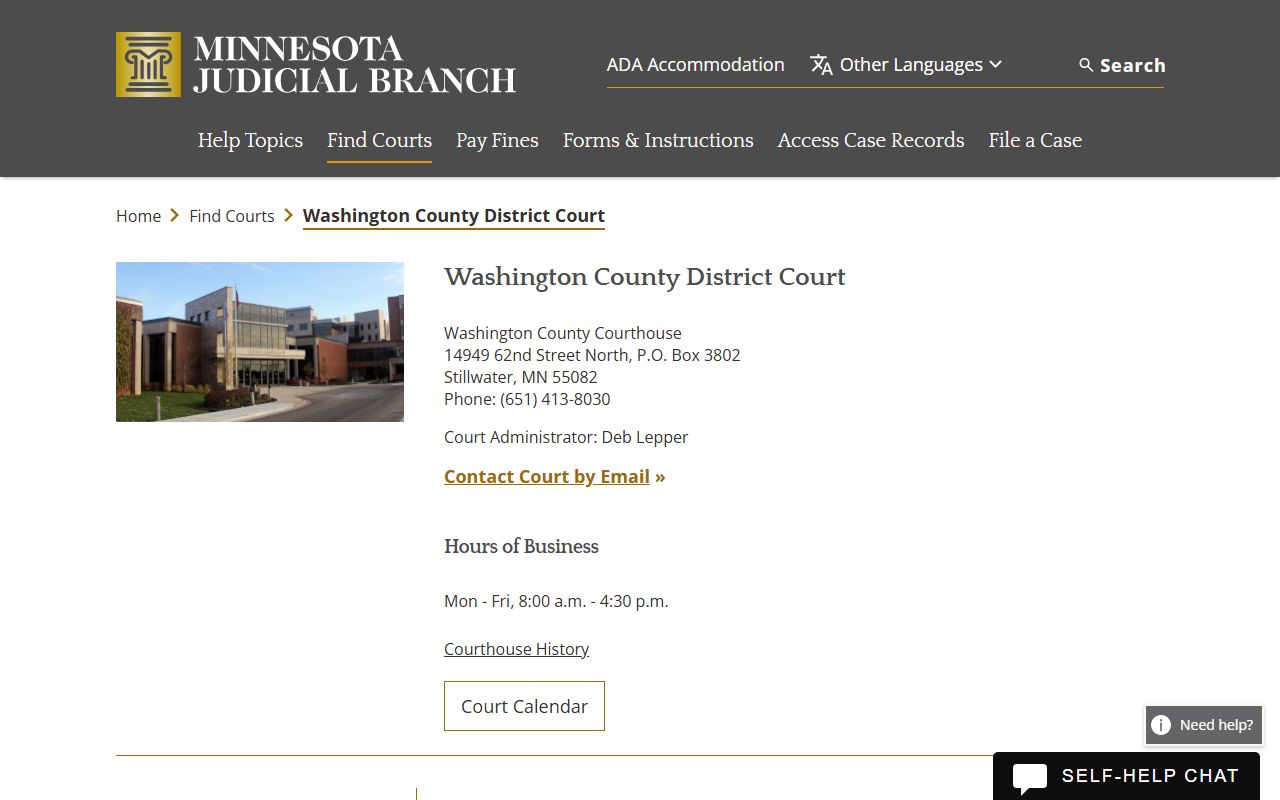Washington County District Court page for background check court records in Stillwater MN