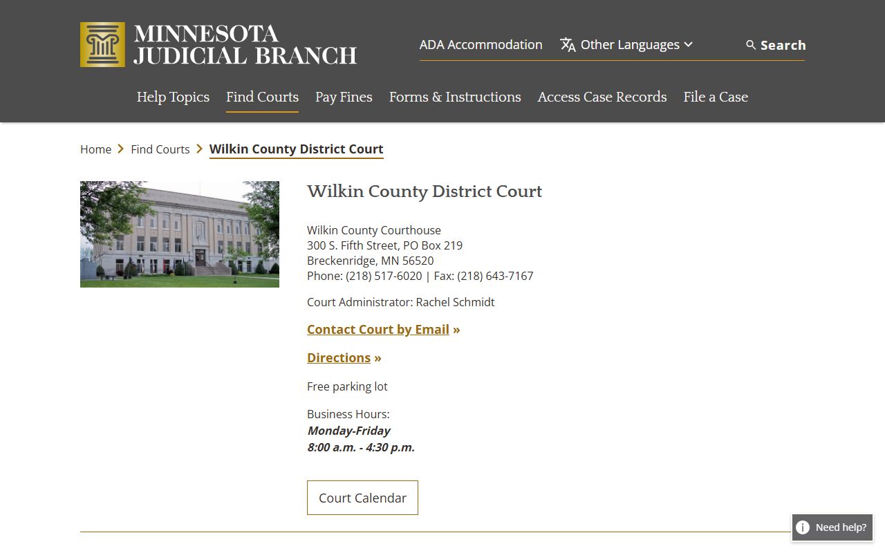 Wilkin County District Court directory page for background check court records in Breckenridge MN