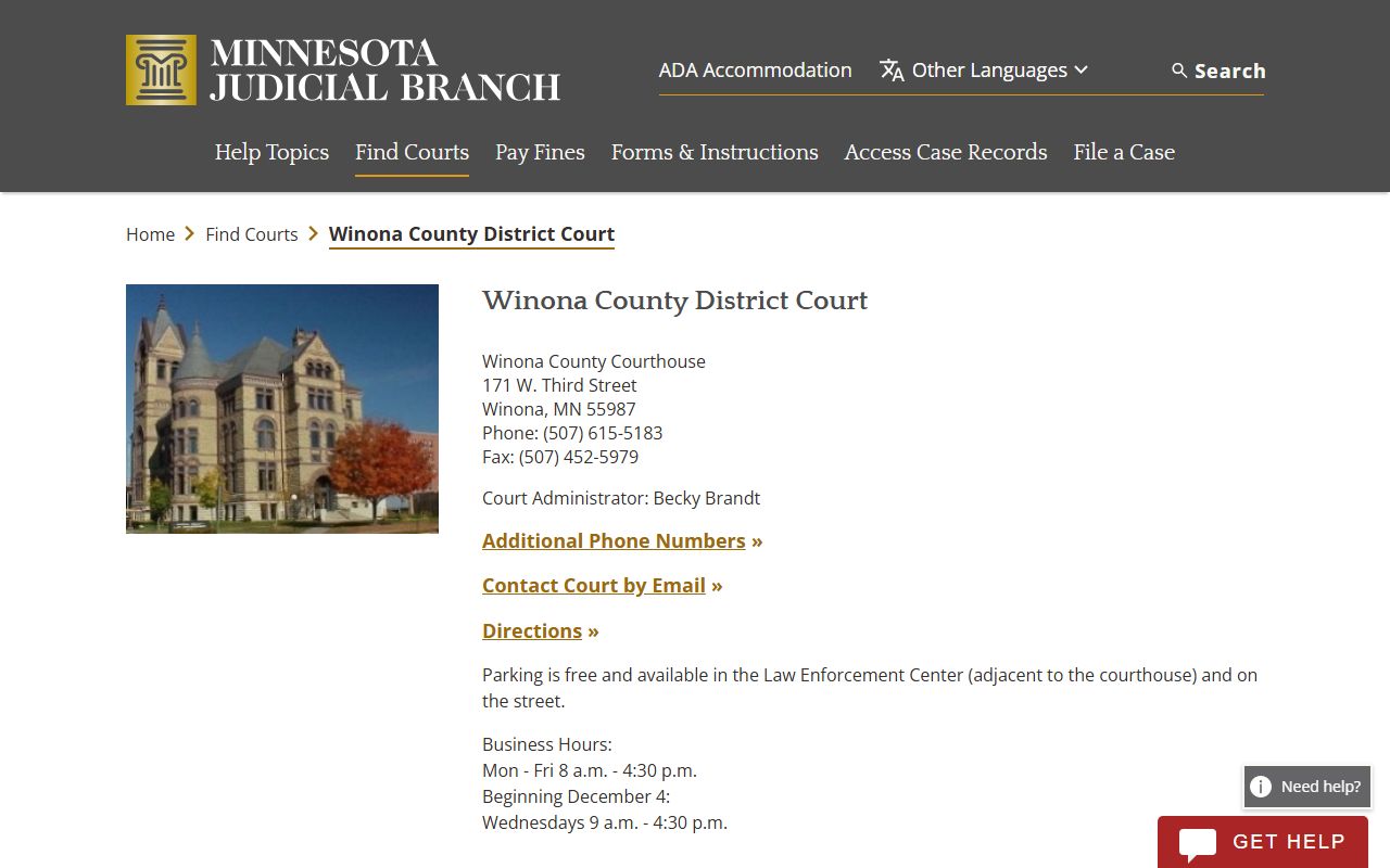Winona County District Court directory for background check court records in Winona MN