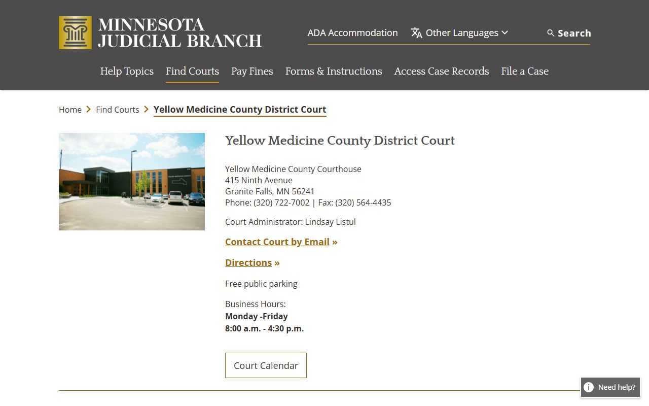 Yellow Medicine County District Court directory for background check court records in Granite Falls